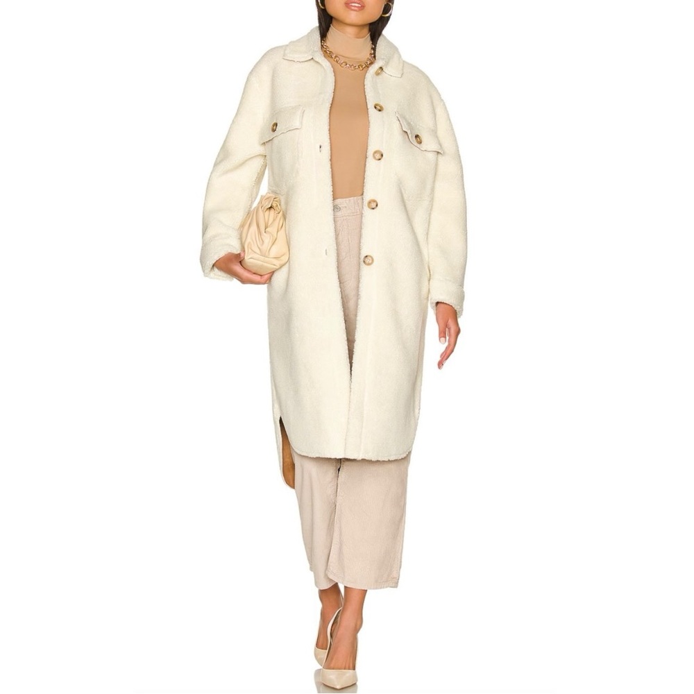APPARIS Wes Coat - White Sherpa Faux Fur Faux Suede Lined Button Up Long Coat
